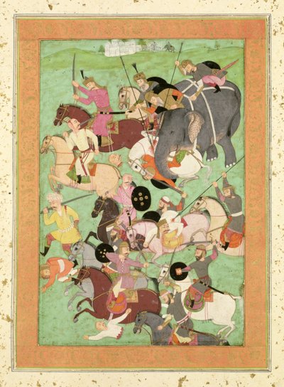 Battle between the forces of Iran and Turan, illustration to the Shahnama, Large Clive Album, mid-17th century by Mughal School